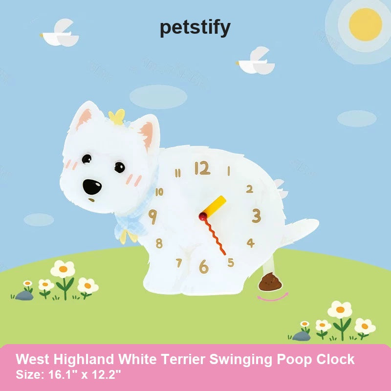 West Highland White Terrier Wall Clock with Swinging Poop Pendulum detail showing clock hands and swinging poop pendulum