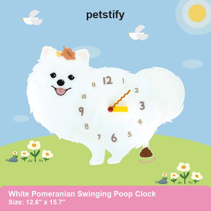 White Pomeranian Petstify dog wall clock product artwork with swinging poop pendulum