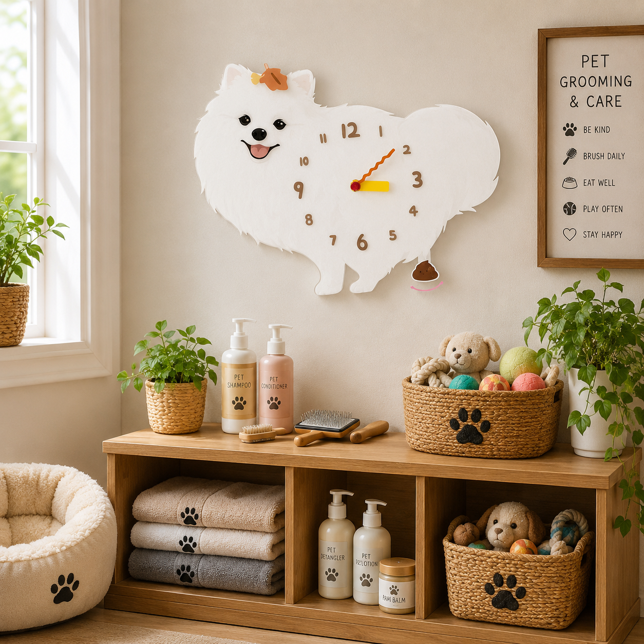White Pomeranian acrylic dog clock with playful pendulum room mockup