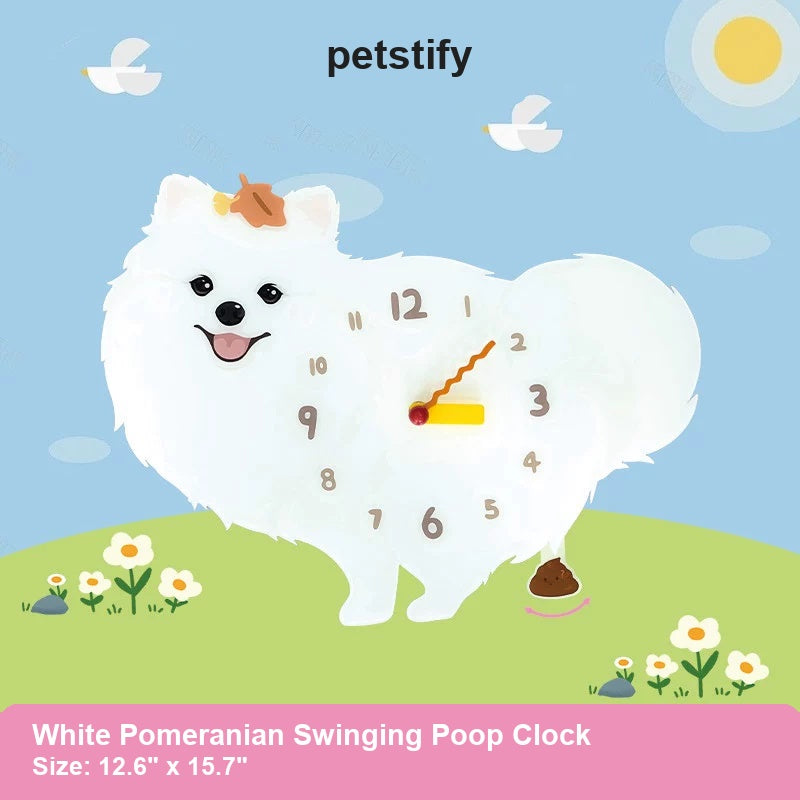 White Pomeranian Wall Clock with Swinging Poop Pendulum detail showing clock hands and swinging poop pendulum