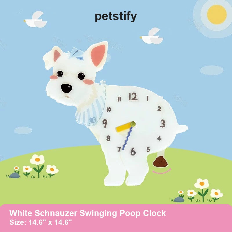 White Schnauzer Wall Clock with Swinging Poop Pendulum detail showing clock hands and swinging poop pendulum