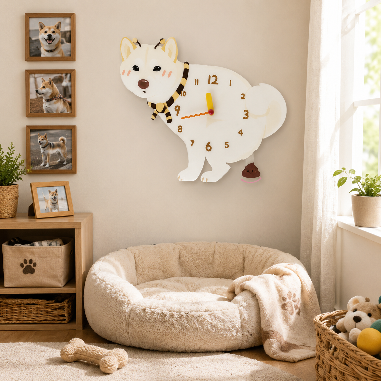 White Shiba Inu funny dog wall clock lifestyle decor scene