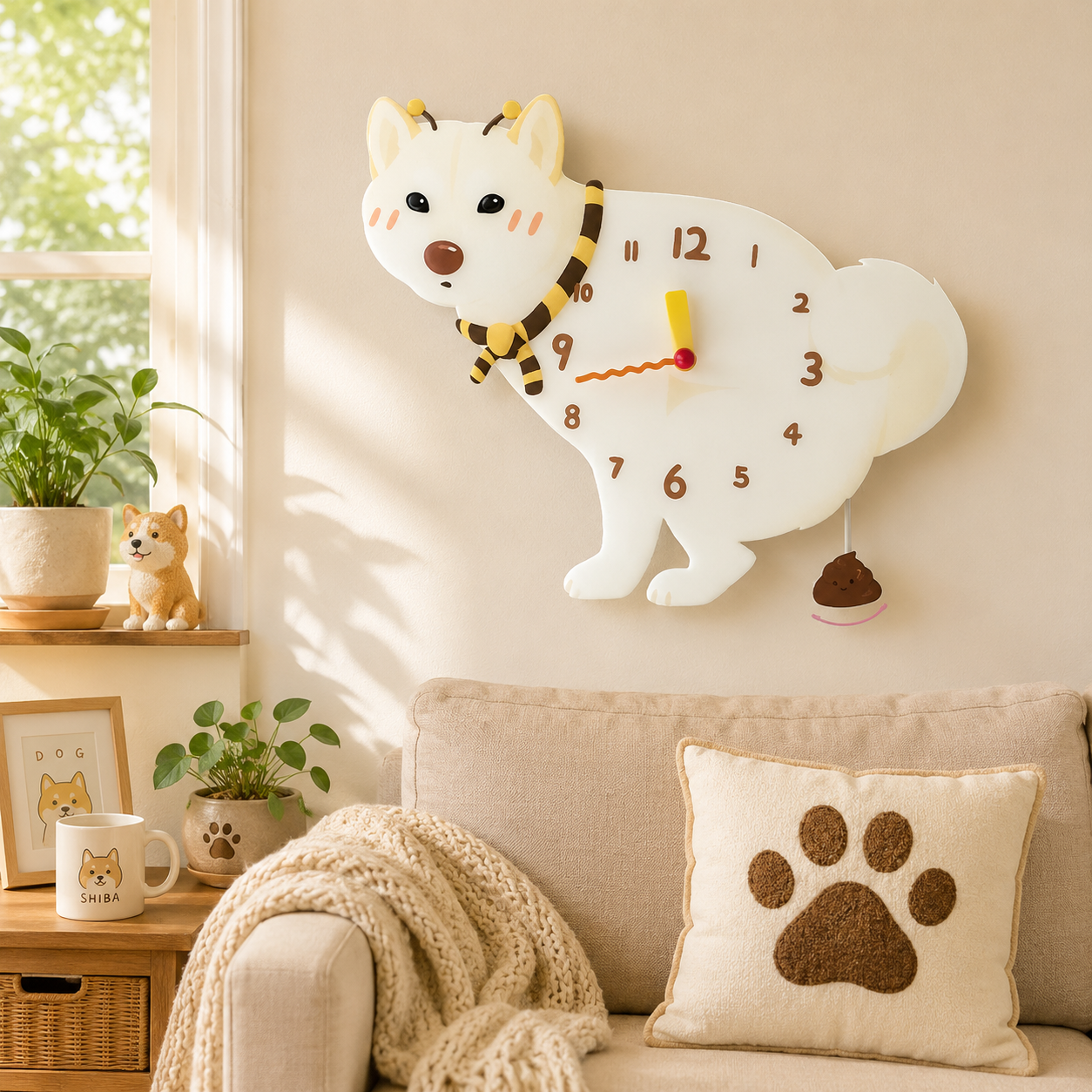 White Shiba Inu acrylic dog clock with playful pendulum room mockup