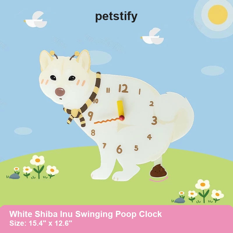 White Shiba Inu Wall Clock with Swinging Poop Pendulum detail showing clock hands and swinging poop pendulum