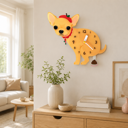 Yellow Chihuahua wall clock with swinging poop pendulum lifestyle scene 1