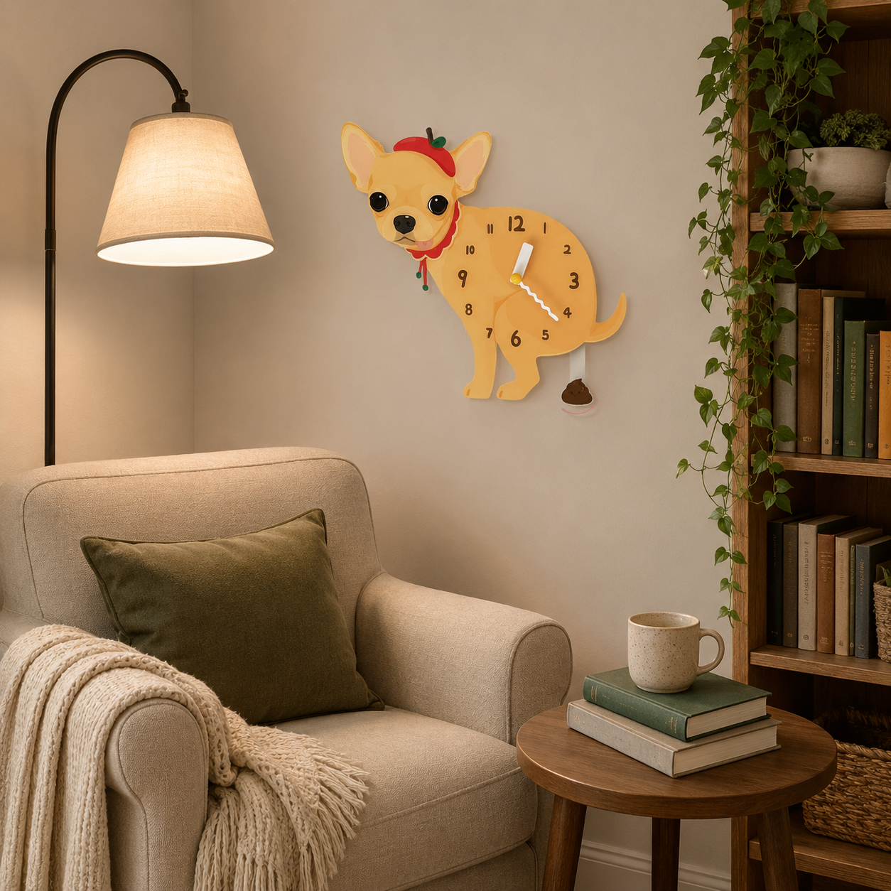 Yellow Chihuahua wall clock with swinging poop pendulum lifestyle scene 4