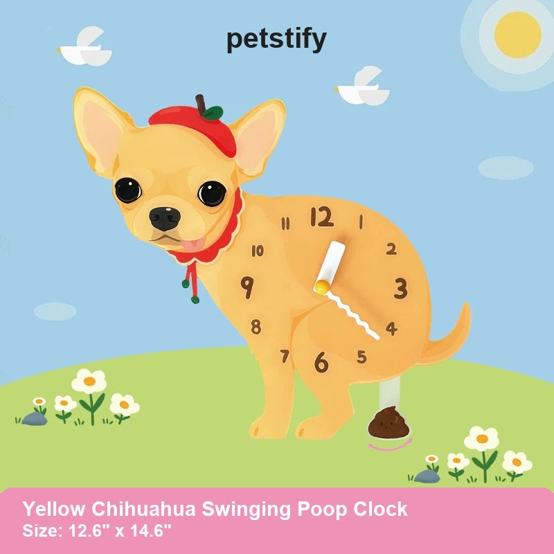 Yellow Chihuahua Wall Clock with Swinging Poop Pendulum detail showing clock hands and swinging poop pendulum