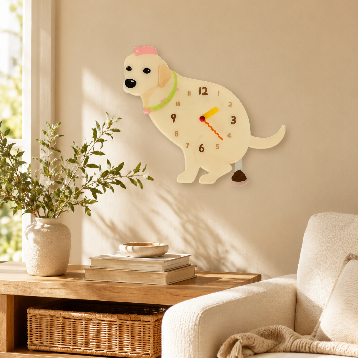 Yellow Labrador Retriever wall clock with swinging poop pendulum lifestyle scene 1