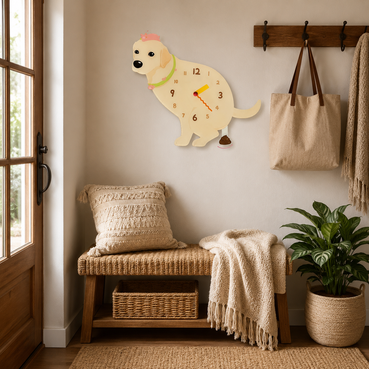 Yellow Labrador Retriever wall clock with swinging poop pendulum lifestyle scene 2