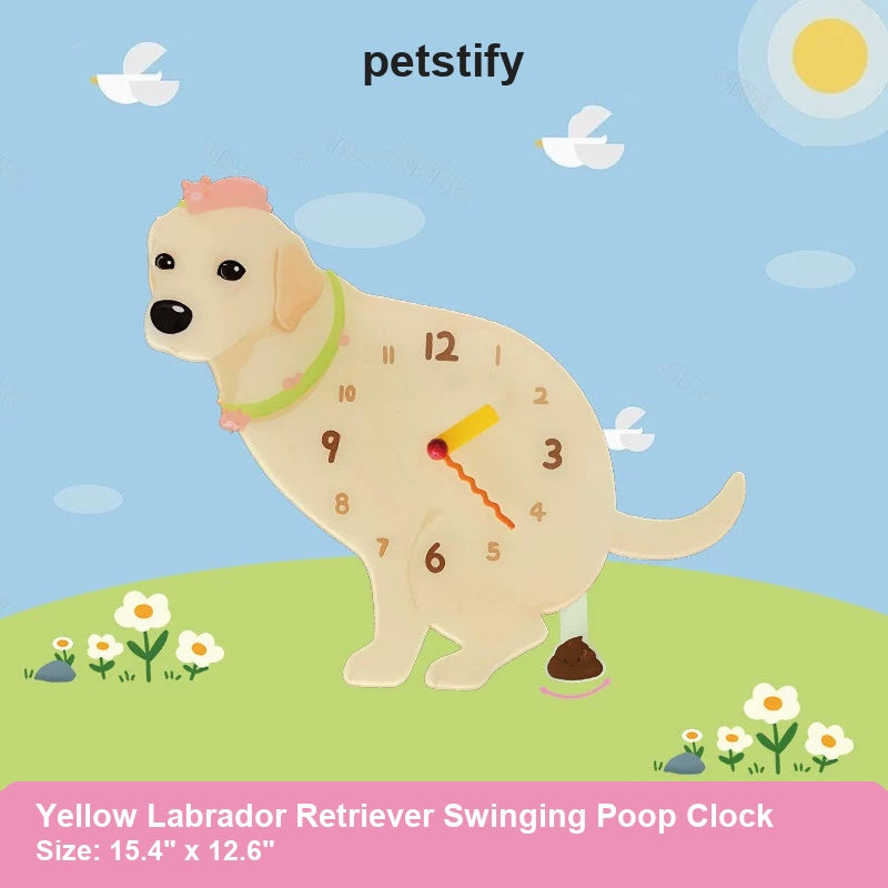 Yellow Labrador Retriever Wall Clock with Swinging Poop Pendulum detail showing clock hands and swinging poop pendulum