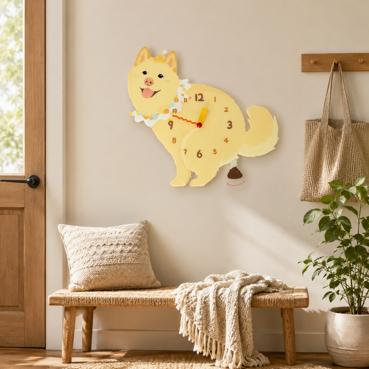 Yellow Native Spitz wall clock with swinging poop pendulum lifestyle scene 2