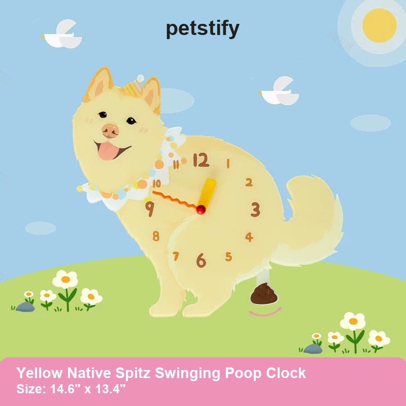 Yellow Native Spitz Wall Clock with Swinging Poop Pendulum detail showing clock hands and swinging poop pendulum