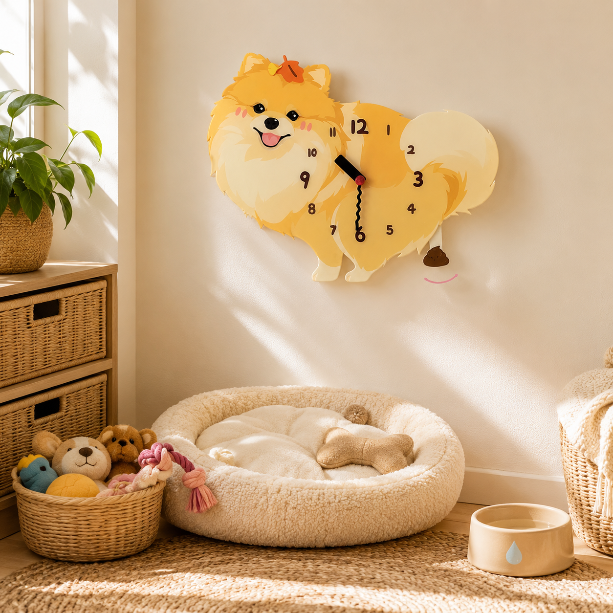 Yellow Pomeranian wall clock with swinging poop pendulum lifestyle scene 3
