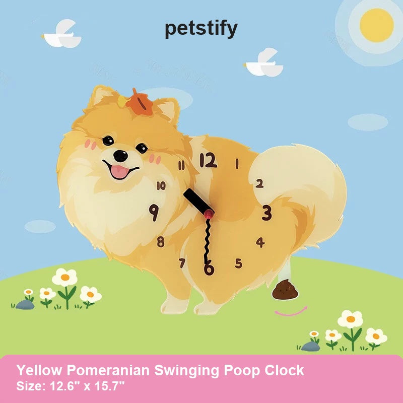 Yellow Pomeranian Wall Clock with Swinging Poop Pendulum detail showing clock hands and swinging poop pendulum