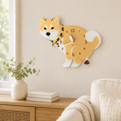 Yellow Shiba Inu wall clock with swinging poop pendulum lifestyle scene 1