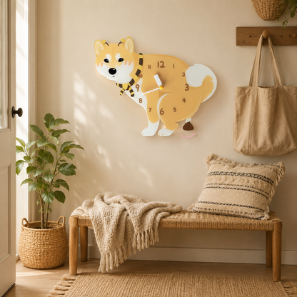 Yellow Shiba Inu wall clock with swinging poop pendulum lifestyle scene 2