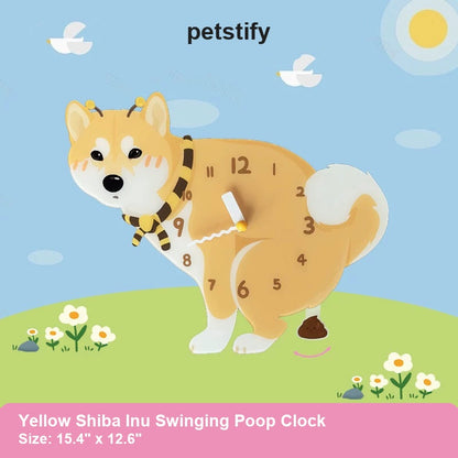 Yellow Shiba Inu Petstify dog wall clock with swinging poop pendulum