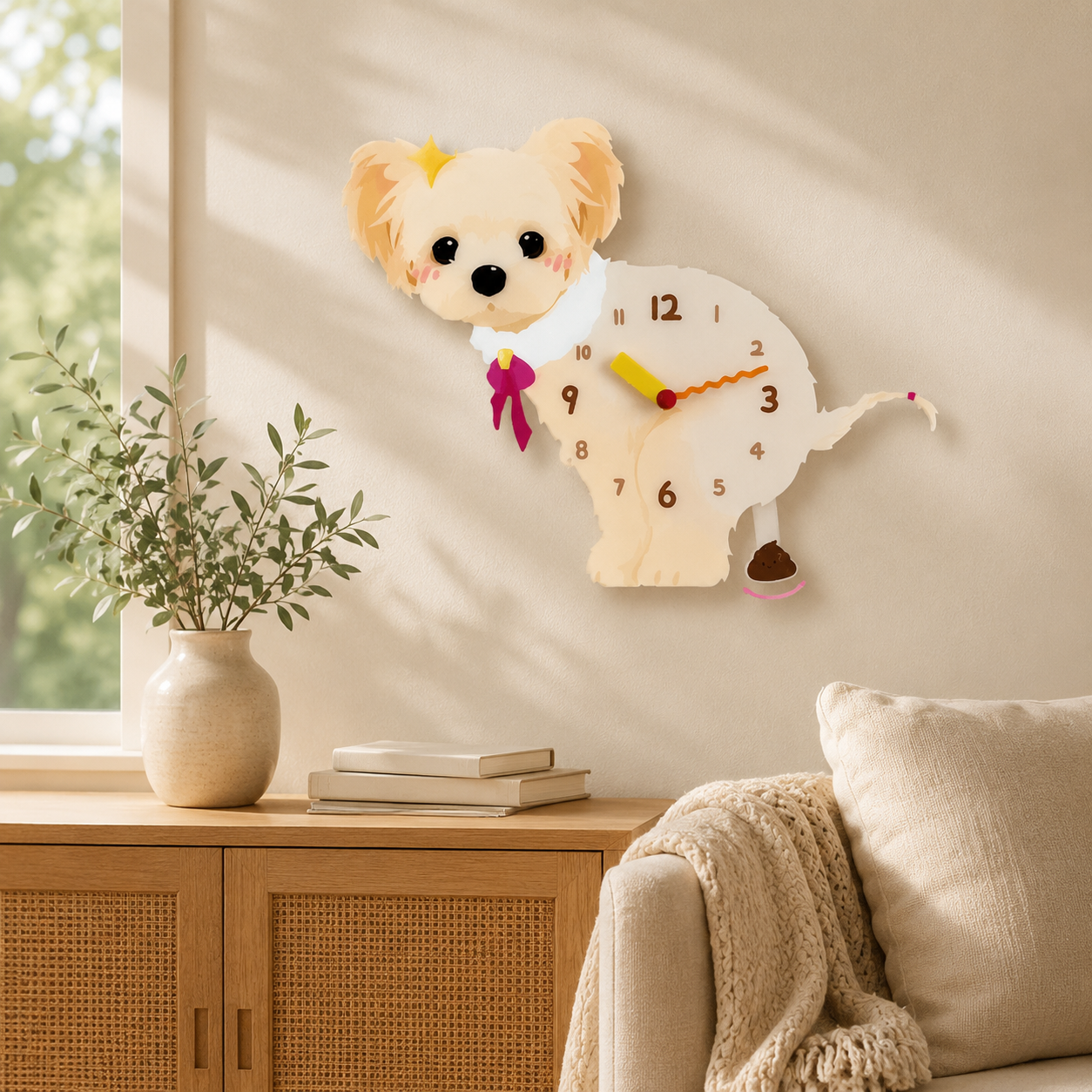Yorkshire Terrier Wall Clock with Swinging Poop Pendulum styled as funny dog wall decor