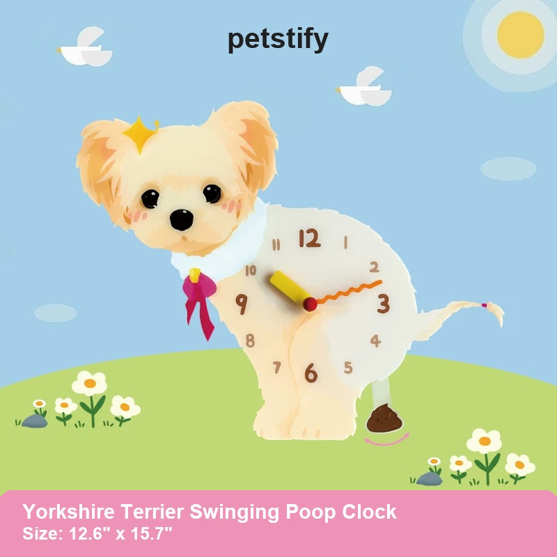 Yorkshire Terrier Wall Clock with Swinging Poop Pendulum detail showing clock hands and swinging poop pendulum