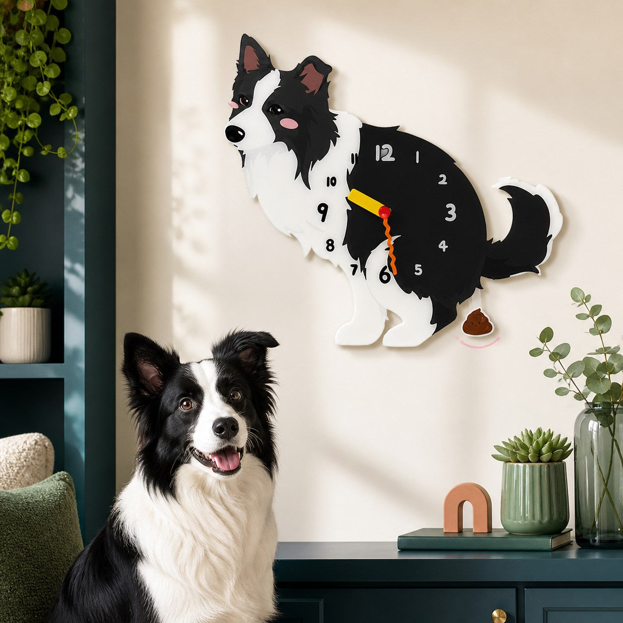 Border Collie Petstify wall clock styled in a room