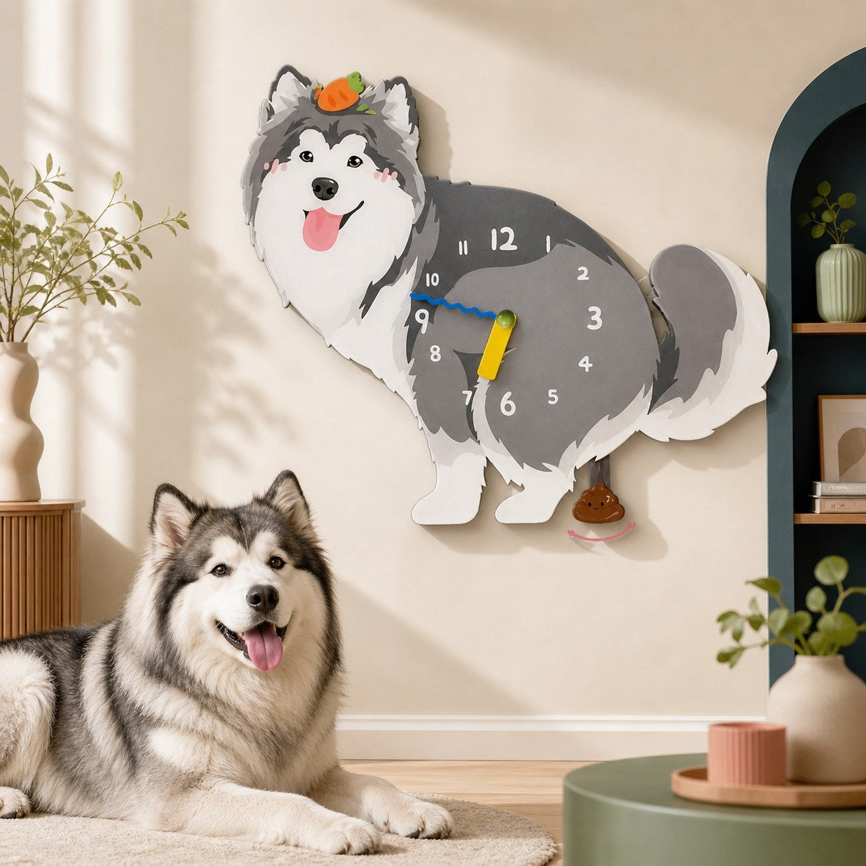 Husky Petstify wall clock styled in a room