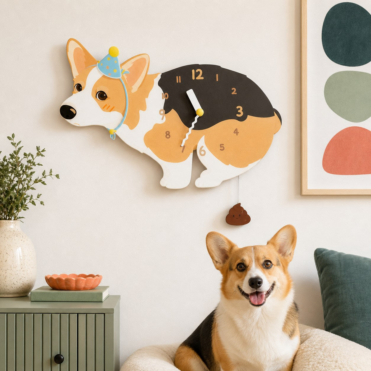 Corgi Petstify wall clock styled in a room